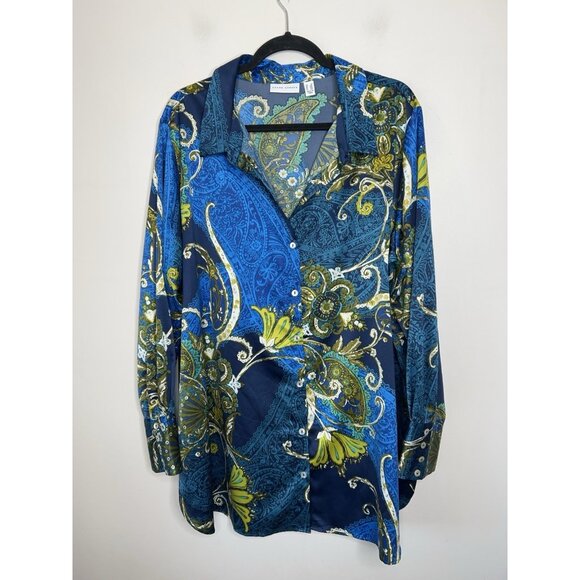 Susan Graver Women's Paisley Button-Up Long Sleeve Blue Green Shirt Size 2X - Picture 1 of 10